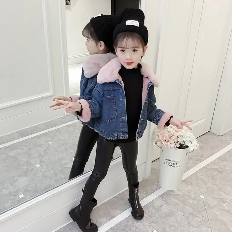 Autumn Winter Children Girls Plus Velvet Jeans Jackets Kids Girls Thick Warm Faux Rabbit Fur Denim Coats Baby Clothing W140