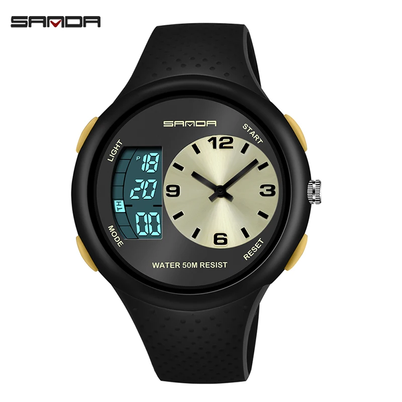 SANDA двойной дисплей наружные спортивные часы для мужчин Мода 5 бар водонепроницаемые военные наручные часы электронные часы Relogio цифровые - Цвет: Золотой