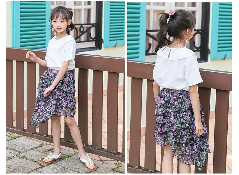 Summer 2020 Chiffon Layered Skirts Dresses For Teenage Girls Floral Printed Asymmetrical Skirt Kids Mid Waist Cute Skirt Clothes (15)