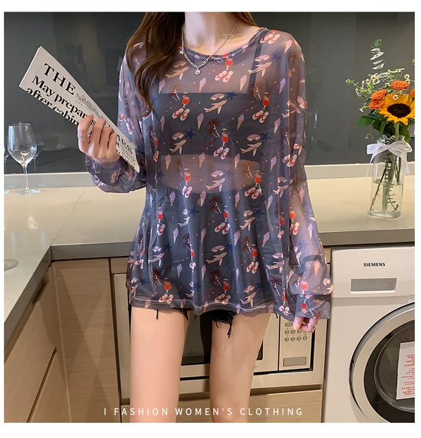 Disney 2021 Summer Famous Anime Mickey Mouse Brand Mesh Shirt Women Sun Protection Transparent Long Sleeve Blouse Ladies T-shirt 3753 Gray