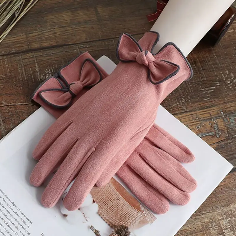

Womens Winter Touch Screen Gloves with Bowknot Elegant Solid Color Vintage Faux Suede Fabric Full Finger Mittens Wrist Warmer