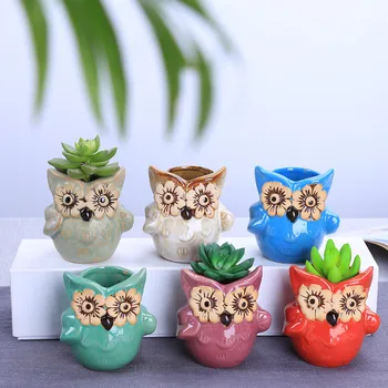 

WHISM Creative Ceramic Owl Shape Flower Pots Succulents Plants Pot Mini Cartoon Bonsai Planters Balcony Flowerpot Garden Pots