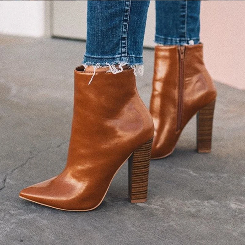 

2019 Plus Size Women Ankle Brown Boots 10cm High Heels Fetish Stripper Autumn Boots Prom Thick Block Heels Chunky Zip Sexy Shoes