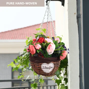 

Woven Vine Flowerpot Storage Basket Multipurpose Potted Flower Vase Hanging Container Metal Chain Storage Bin Container for Indo