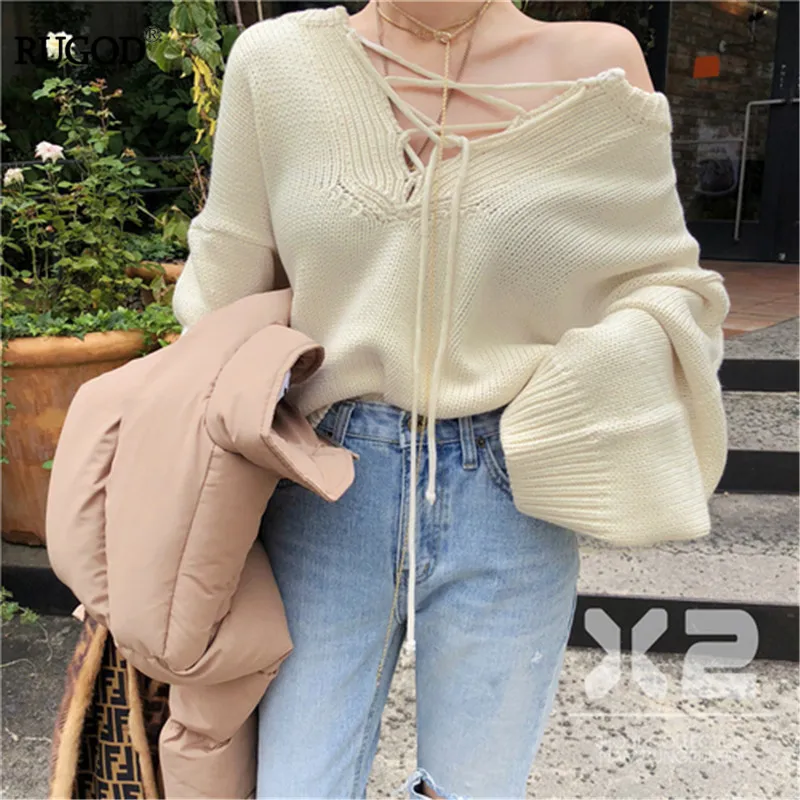

RUGOD Elegant Sexy Lace-up Knitted Sweater Women Fashion Multi Color Loose Pullover Jumper Korean Lady Style Sweaters Winter