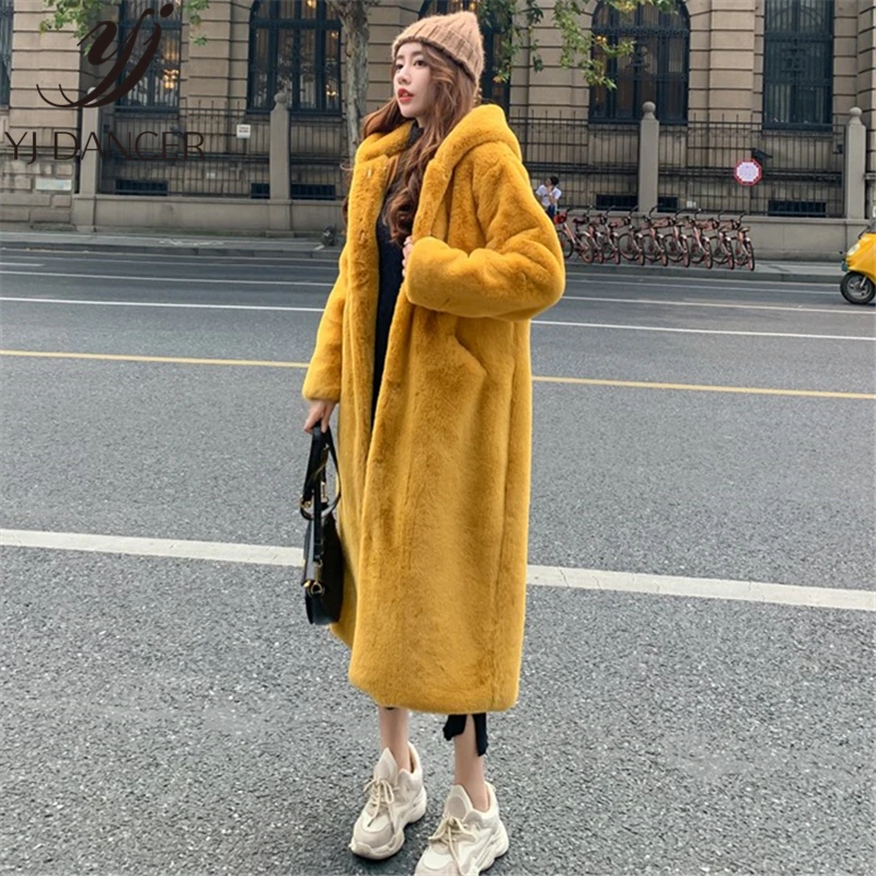 Ginger Зимняя Корейская версия, повседневное длинное меховое пальто для женщин, Модное Новое Свободное пальто с капюшоном, длинный рукав, Толстая теплая меховая куртка для женщин - Цвет: Ginger