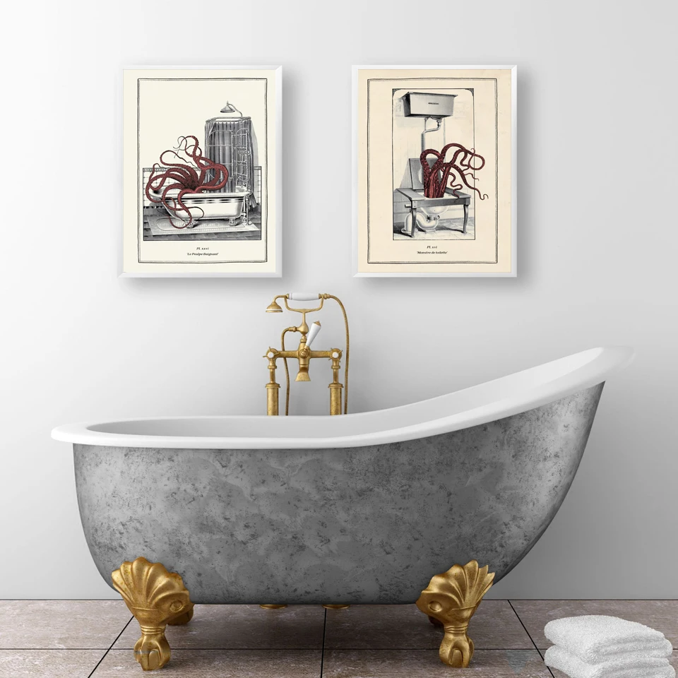 Винтажный принт осьминога Забавный Туалет стены Искусство гардероб Плакат Ретро Готический стимпанк ванная комната настенные картины декор холста