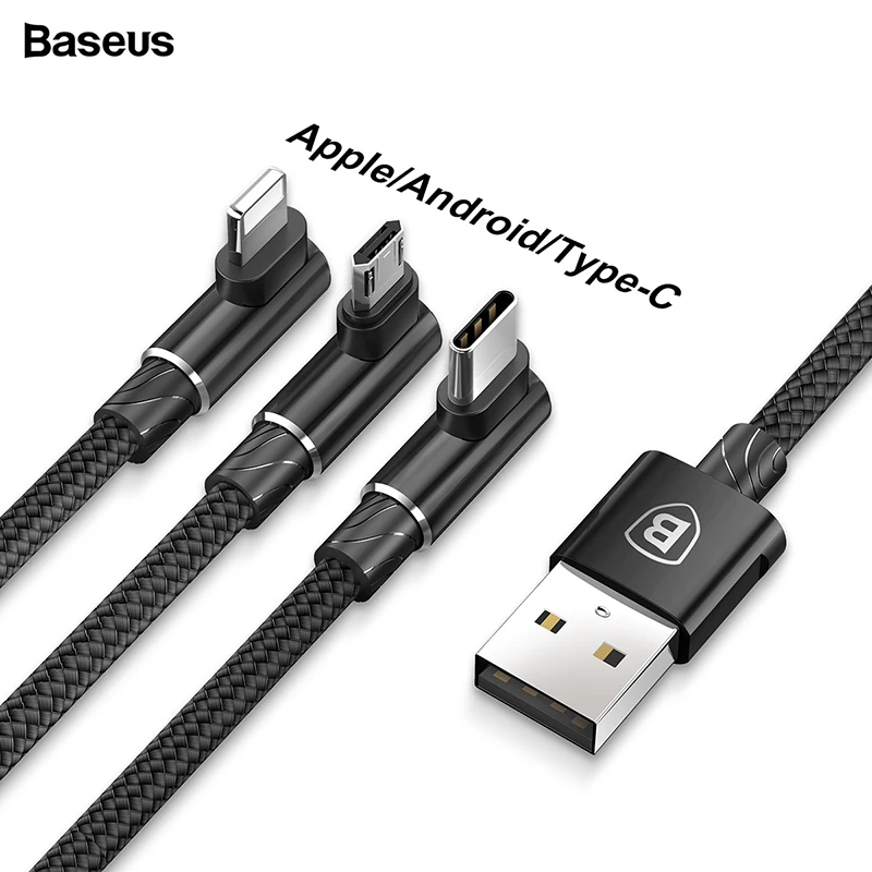 Baseus 90 градусов USB кабель для iPhone X Xr Xs 8 зарядное устройство провод шнур 3 в 1 Micro USB кабель type-c usb type C кабель адаптер - Цвет: Black