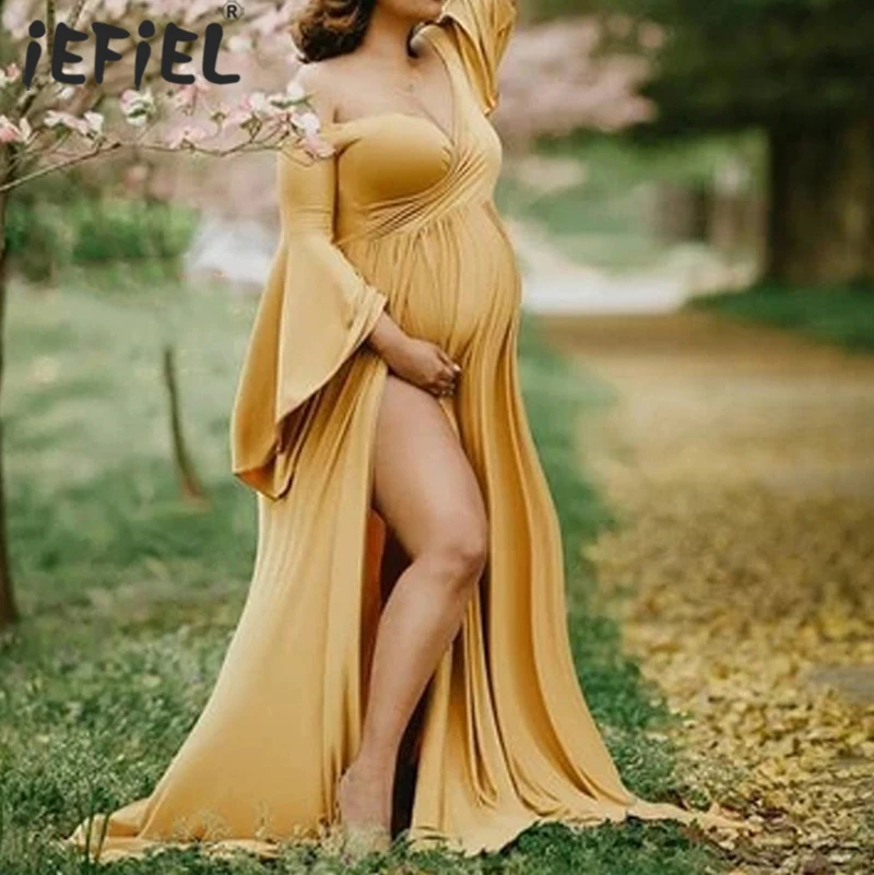 

Maternity Dress For Photo Shoot Sexy Off Shoulder Flare Sleeve Side Split Maxi Gown Pregnancy Photograph Props Baby Shower Dress
