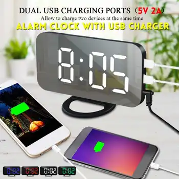 

Digital LED Alarm Clock Snooze Large Display Time Table Desk Clock Dual USB Charger Port for Phone Mirror Clock New Arrival 2020