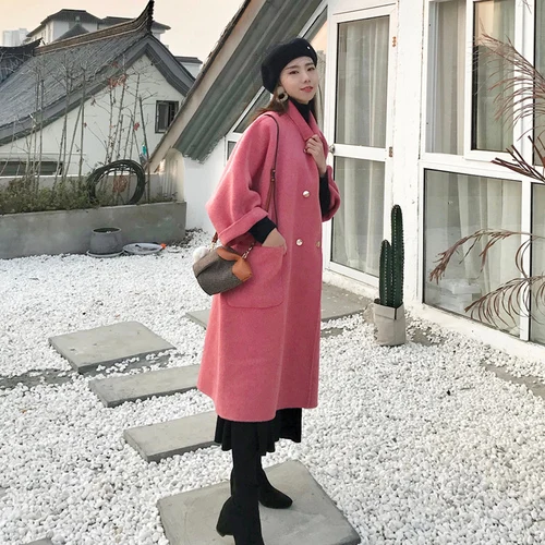 Корейская мода, мешковатое двубортное кашемировое шерстяное пальто, свободное повседневное теплое утолщенное зимнее пальто, женское осеннее Элегантное длинное пальто - Цвет: red