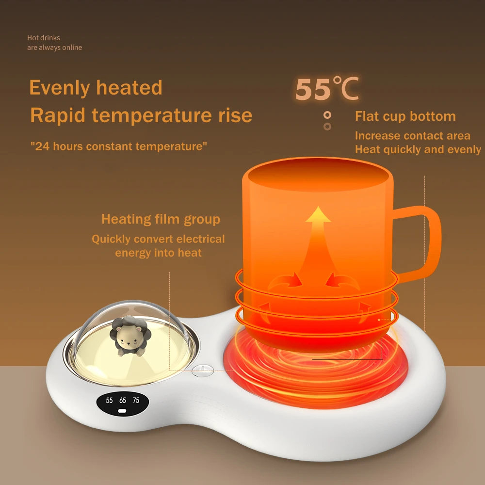 Cartoon Cup Heater Drink Warmer Coaster 55 Degrees Thermostat with Digital Display Heating Beverage Mugs Mat for Milk Coffee Tea