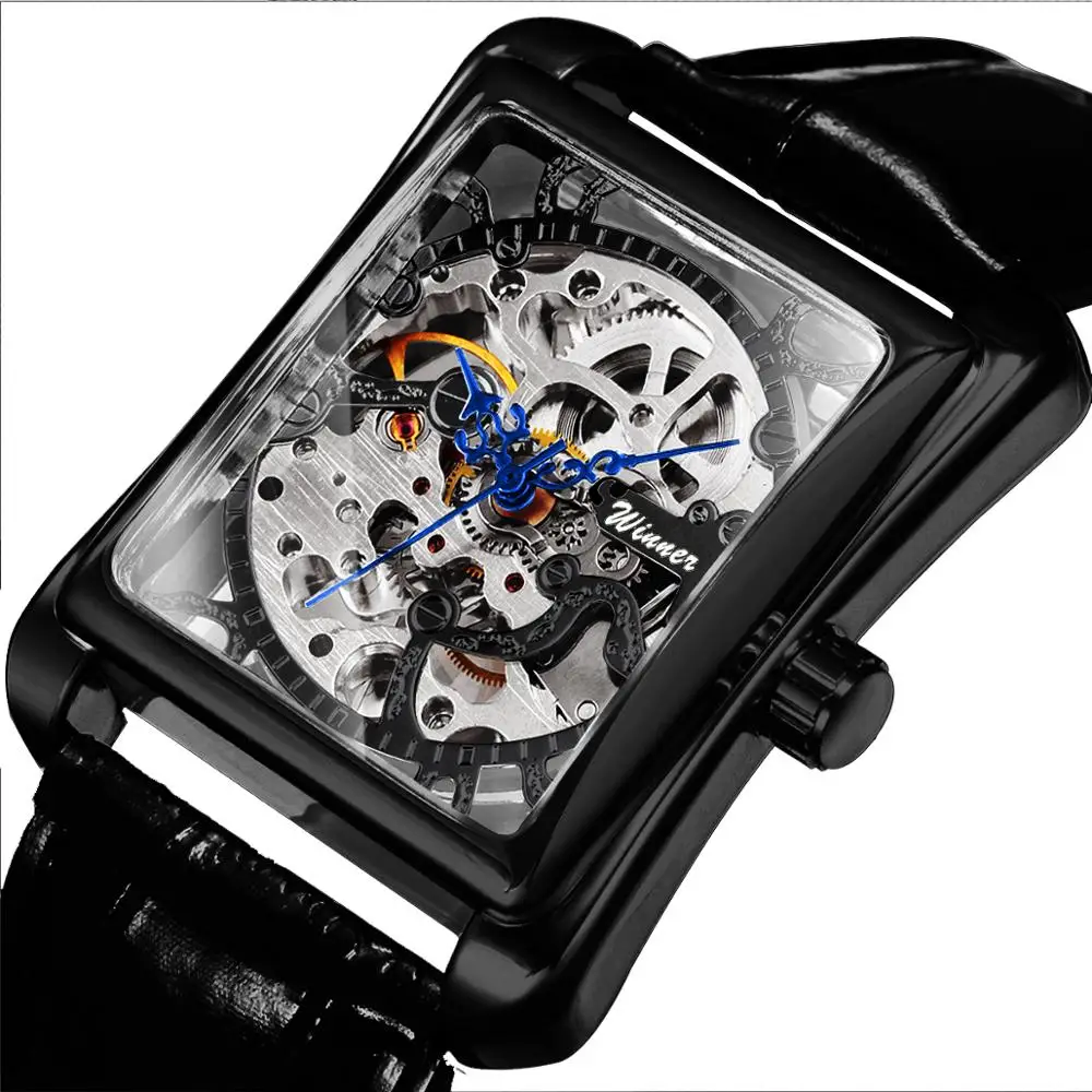 Механические часы скелетоны WINNER классические прямоугольные наручные с кожаным