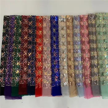 

5yards/pc newest African sequins tulle lace gold French net fabric green with allover embroidery high quality for party dress