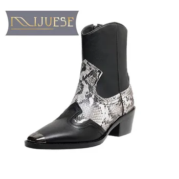 

MLJUESE 2021 women Ankle boots Cow leather winter short plush Square Toe Zipper Crocodile Grain High heels female boots size 40