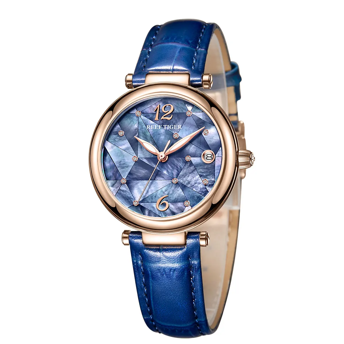 Риф Тигр/RT дизайн модные женские часы розовое золото синий циферблат механические часы кожаный ремешок Femme RGA1584
