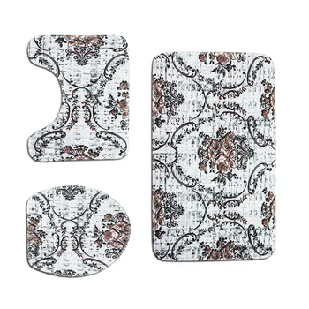 

3 in 1 European Style Flower Pattern Bathroom Mat Set Antiskid Washroom Carpet Contour Mat Toilet Seat Lid Cover