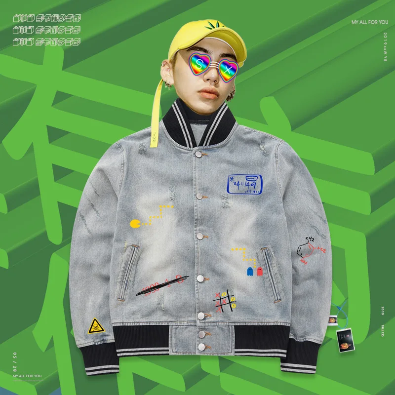 

2019 new Oversize Coat demin jacket School chemical formula laboratory mathematics hand drawing Print Large Jacket Unisex