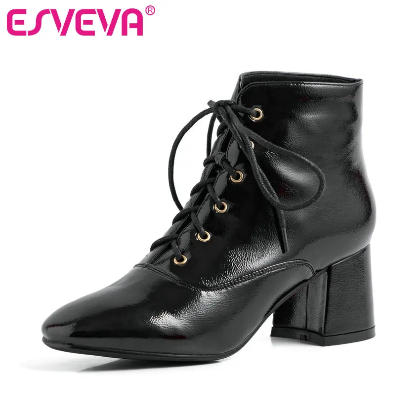 

ESVEVA 2020 Women Shoes Winter Ankle Boots Pointed Toe PU+ Leather High Heel Lace Up Sexy Motorcycle Platform Boot Size 34-43