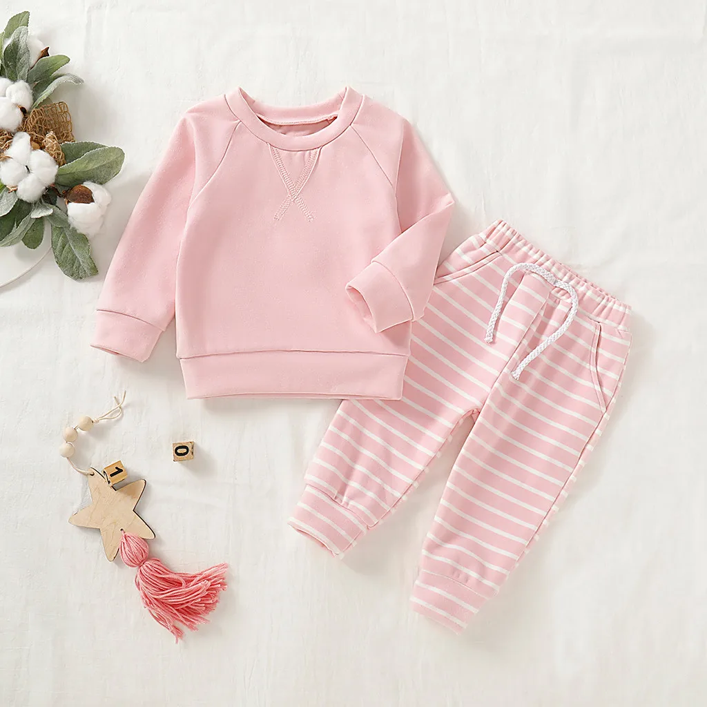 ARLONEET New Year Fashion Newborn Baby Boys Girls Sweatshirt Tops Long Striped Pants Pajamas Outfits Sets baby clothes for girl