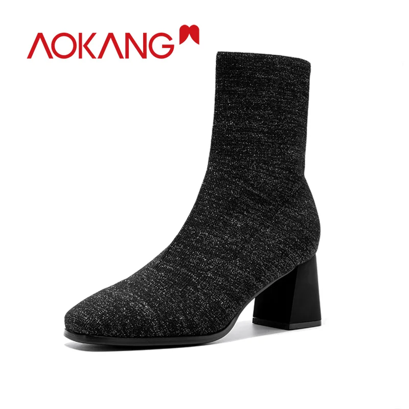 

AOKANG Autumn Winter Boots women Stretch Fabric High Heels Boots Woman Fashion Ins Ankle Boots Women Slip on Bota Feminina