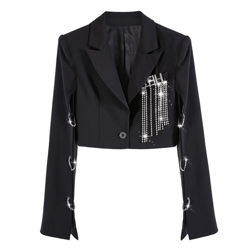 

High Street Boutique Women Short Blazers Luxury Diamonds Tassel Jackets Designer Hollow Out Sleeves Personality Lady Party Coats