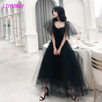 

2019 new suspenders open back black retro thin party gauze fluffy dress Zippers Ankle-Length Solid Short Office Lady