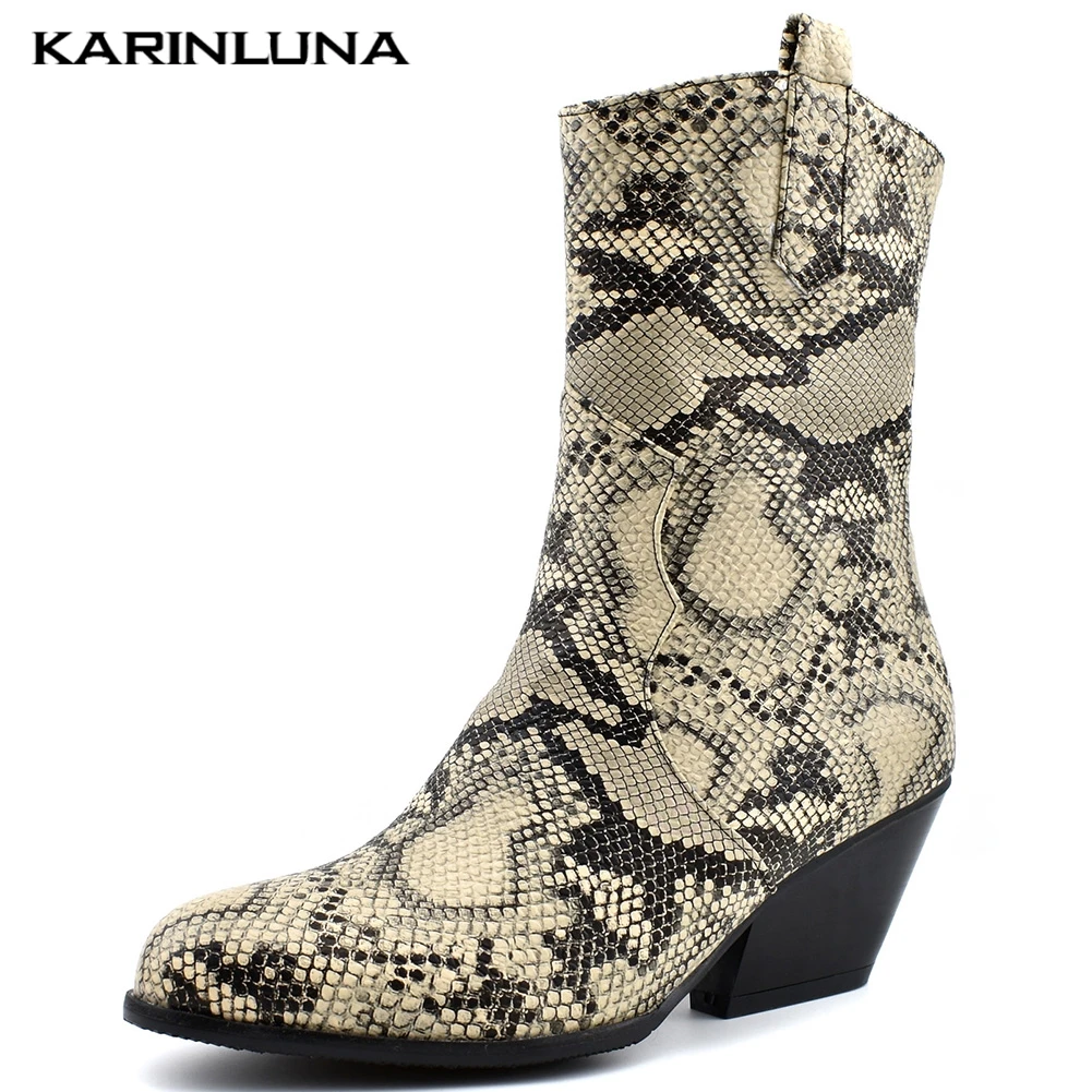 

Karinluna Top Quality Mid Calf Boots Women Snake Veins Pointed Toe Lady Chunky Heel Western Boots Shoes Woman Large Size 48