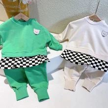 

Children Girls Clothes Set Baby Boy Outfits Tracksuit Plaid Patchwork Sweatshirt Hoodies Pant Suits 2PCS Sport Suit Kids Clothes