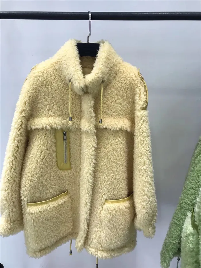 Модное женское меховое пальто с воротником-стойкой из шерсти, двусторонняя верхняя одежда из натурального меха ягненка, элегантное женское зимнее теплое пальто - Цвет: Цвет: желтый