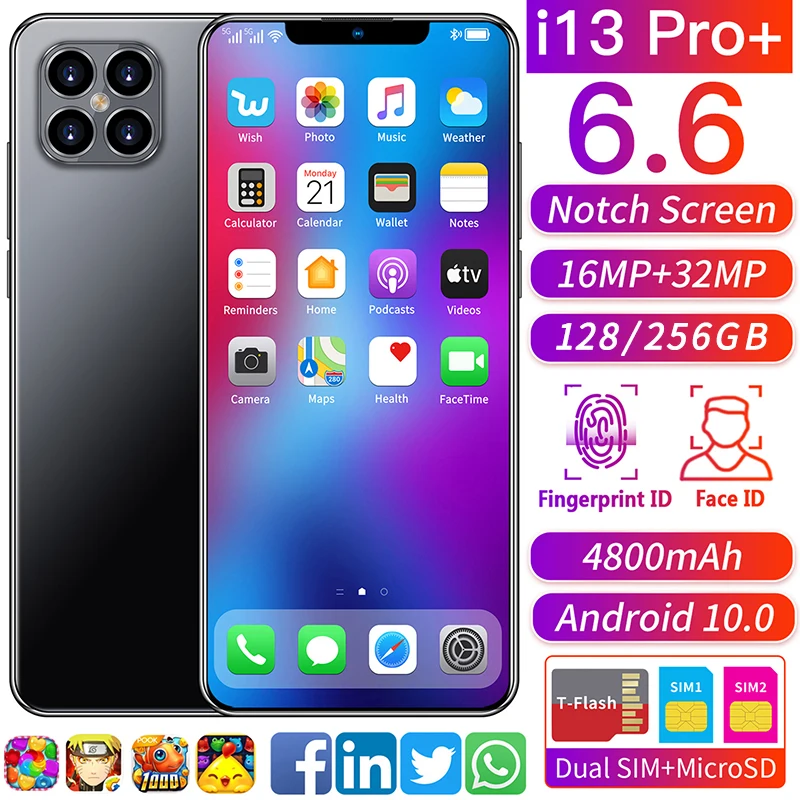 I13 Pro+ Mobile Phone 6.6 inch 8GB 256GB ROM 16