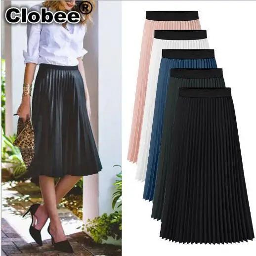 Clobee Women Skirt Spring Autumn Retro Women's High Waist Pleated Solid Knee-length Elastic Sexy Tunic Skirt Plus Size M272