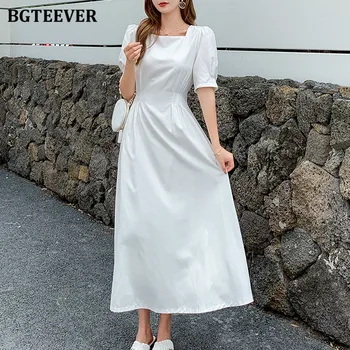 

BGTEEVER Romantic Square Collar Solid Dress Women Elegant Slim Waist Lace-up Female Midi Vestidos Puff-sleeve Women Dress 2020