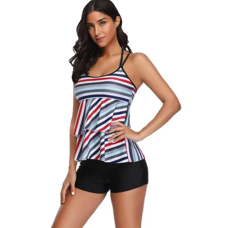 

2pcs Stripe Print Bikini Set Halter Cross Women Swimsuit Tankini Swimwear