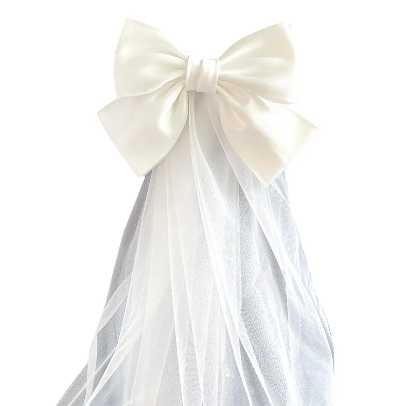 Bow Veil Wedding Trip Shoot Photo White Satin Mesh Barrettes Bridal Hair Accessories