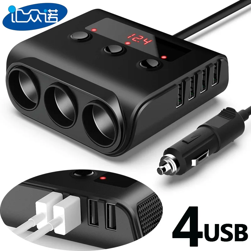 

New Style TR12 Car Cigarette Lighter Triple with Switch Voltage Display 4usb Car Cigarette Lighter Charging 100W