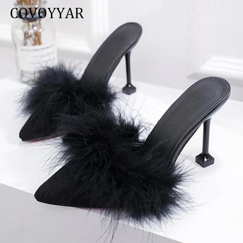Kingwhisht Faux Fur Slippers Outdoor Slides Leisure Colors Dress Parties 6Cm Heels Shoes