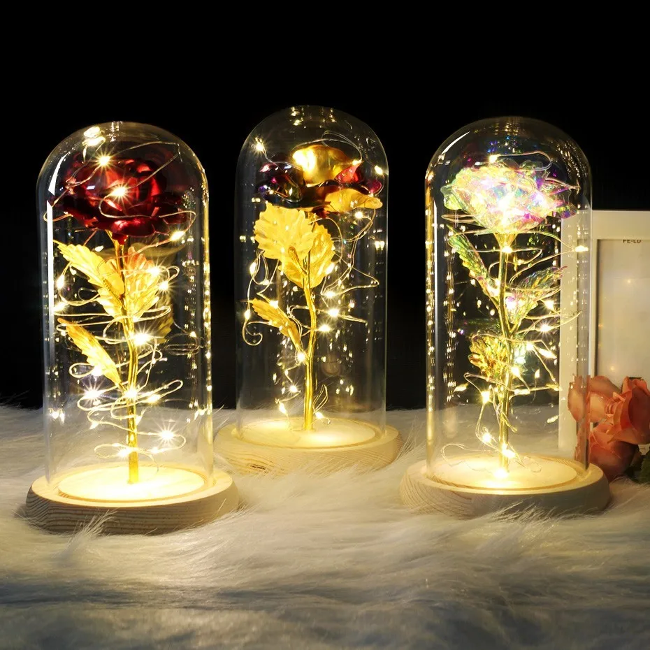 

6 Colour Beauty And The Beast Red Rose In Flask A Glass Dome On A Wooden Base For Valentines Day Gift LED Rose Lamps Christmas