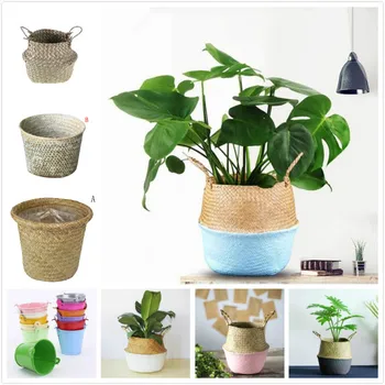 

Foldable Laundry Straw Patchwork Wicker Rattan Seagrass Belly Garden Flower Pot Planter Basket Handmade Bamboo Storage Baskets