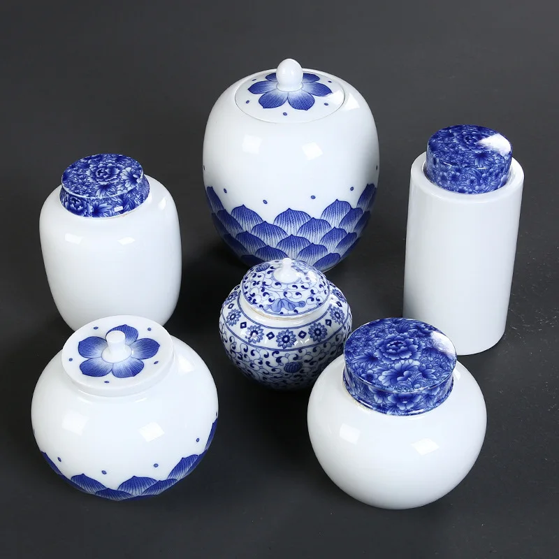 

9 Kinds Tea Box Caddies Blue And White Porcelain Tea Tin Can Storage Tea Caddy Theedoos Seal Storage Box Round Cans Canister