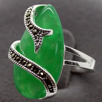 

24*13mm 925 Silver Natural Green Natural jade Snake Shape Marcasite Ring Size 7/8/9/10