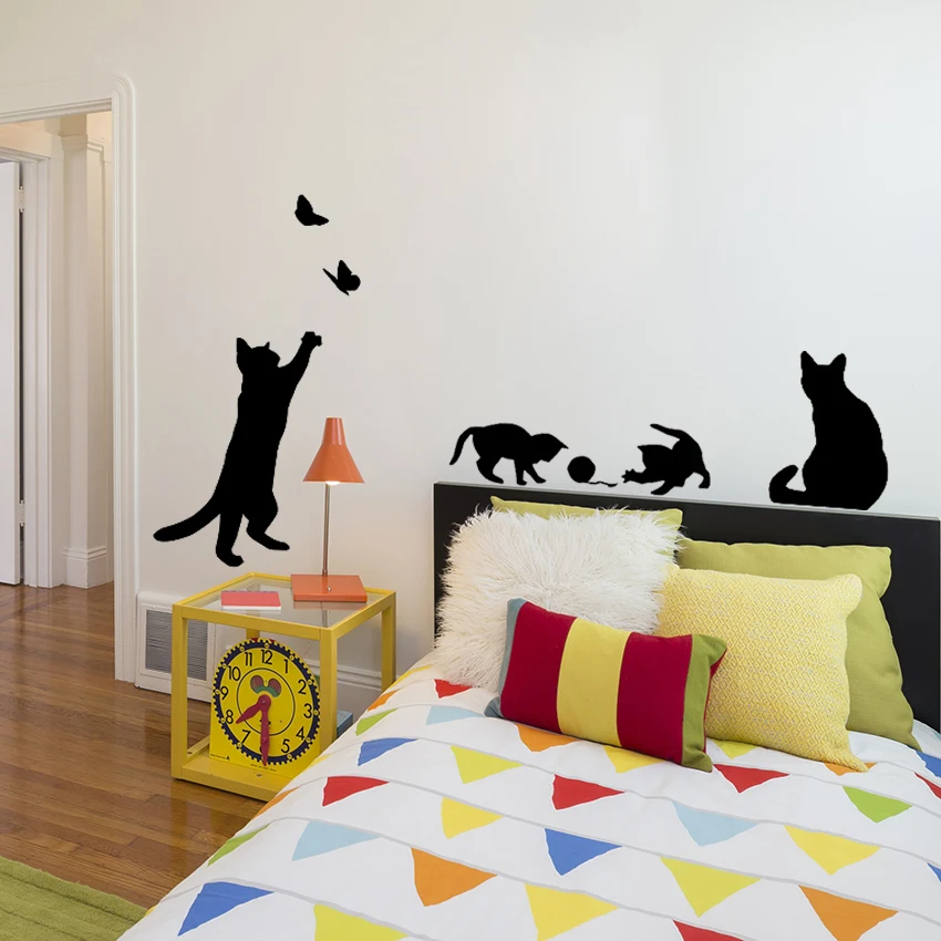 1 Set/Pack New Arrived Cat play Butterflies Wall Sticker Removable Decoration Decals for Bedroom Kitchen Living Room Walls