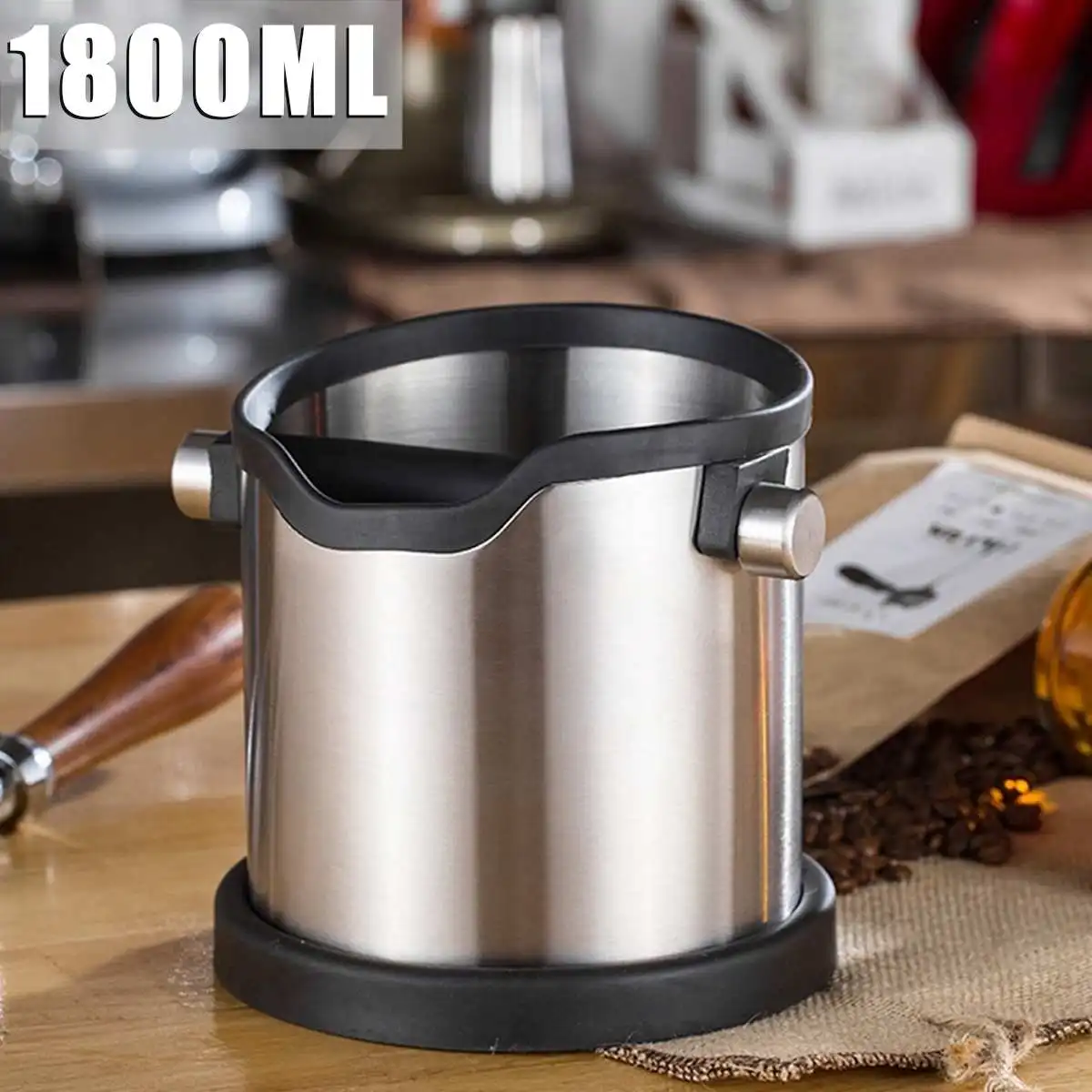 1800ml Stainless Steel Coffee Grind Knock Box Espresso Grind Container Anti Slip Bin Waste Bin