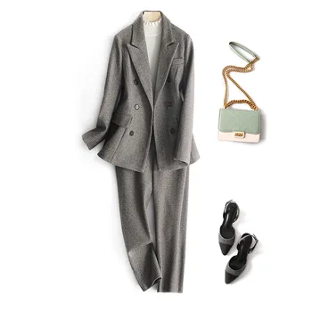 

Autumn Winter Wool Women Blazer & Pants 2 piece Suit Set 2019 New Retro British Style Slim Fashion Casual Blazer Feminino