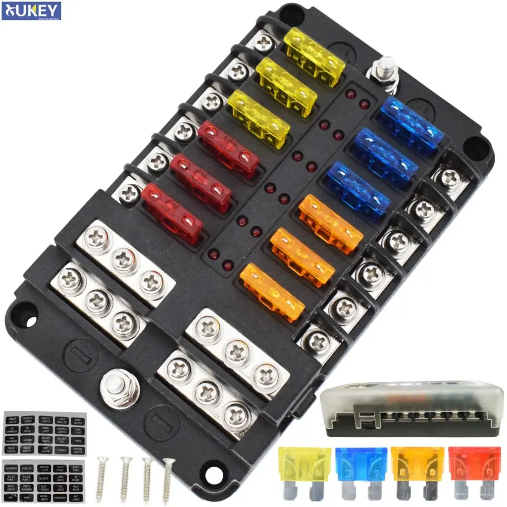 ESUPPORT Car Marine Boat 12 way Fuse Box Blade Fuse Block Holder ATC ATO Standard Fuses Ground Negative Screw Nut Terminal LED Indicator Waterpoof 