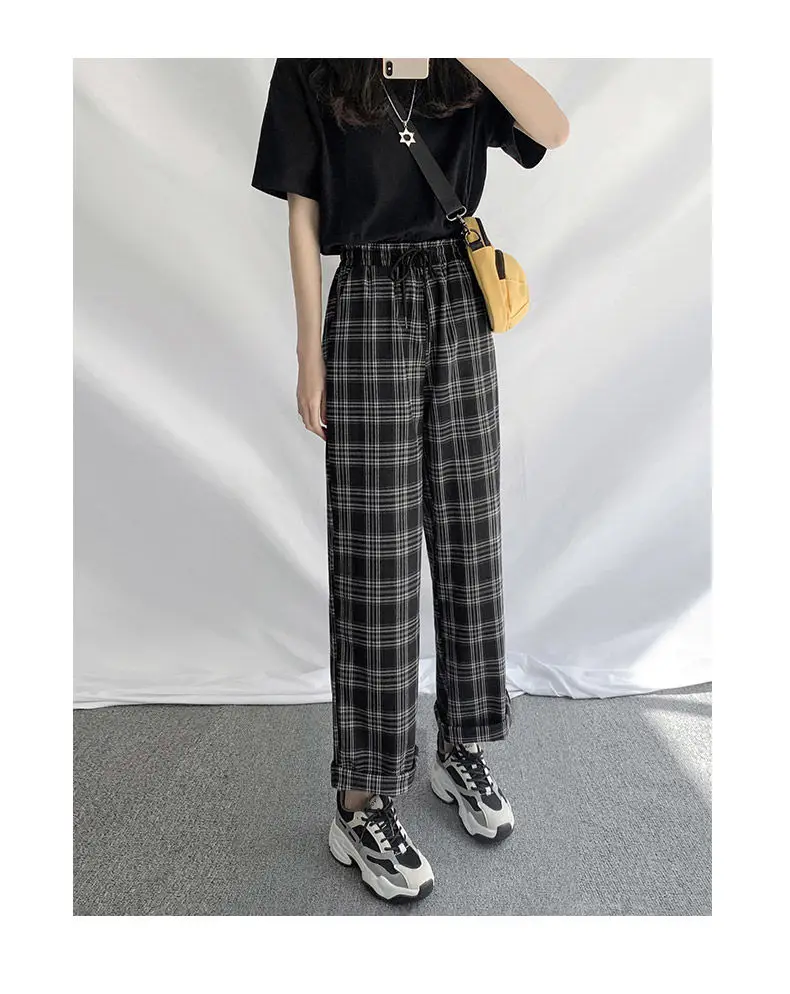 HOUZHOU Checked Black Loose Pants Women2020 Korean Style Plus Size Joggers Women Pants in a Cage For Trousers Women