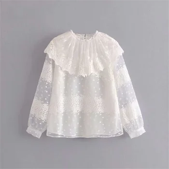 

Autumn 2019 Women's Wear New Slim Stacked Decorative Long-sleeved Mesh Splice Shirt