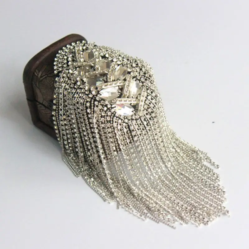 

Women Men Silver Punk Fringe Shoulder Board Badge Vintage Glitter Rhinestone Tassels Chain Epaulet Uniform Accessories