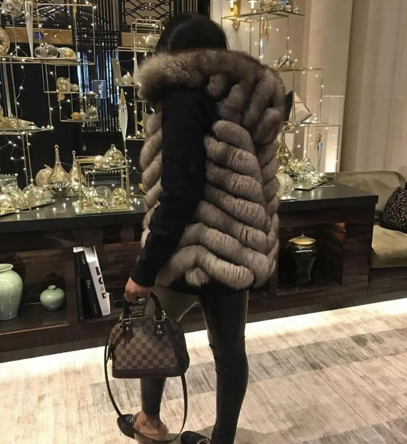 Новое поступление, модные теплые личность рождественские High-end осенне-зимнее двубортное пальто с капюшоном Толщина выше щиколотки из натурального материала; лисий мех пальто Donna; кожаные туфли-лодочки