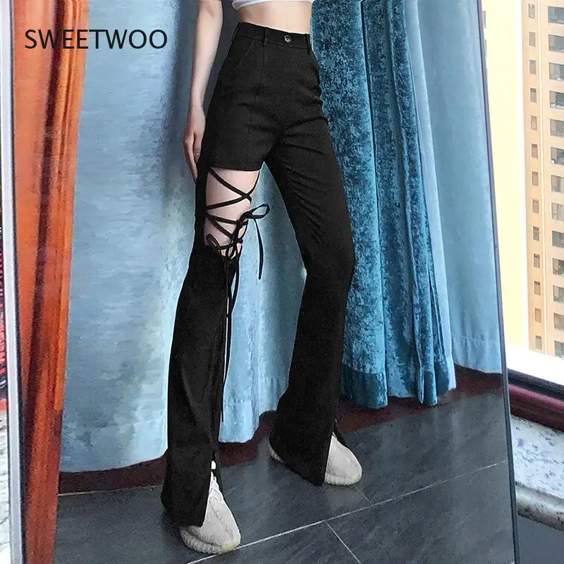 Lace-Up Casual Overalls Women Buckle Gothic Punk Rock Dark Black Breeches High Waist Pants Trousers Hollow Wide Leg Pants